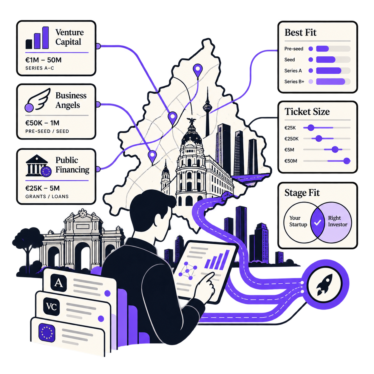 Fundador comparando venture capital, business angels y financiación pública para startups en Madrid