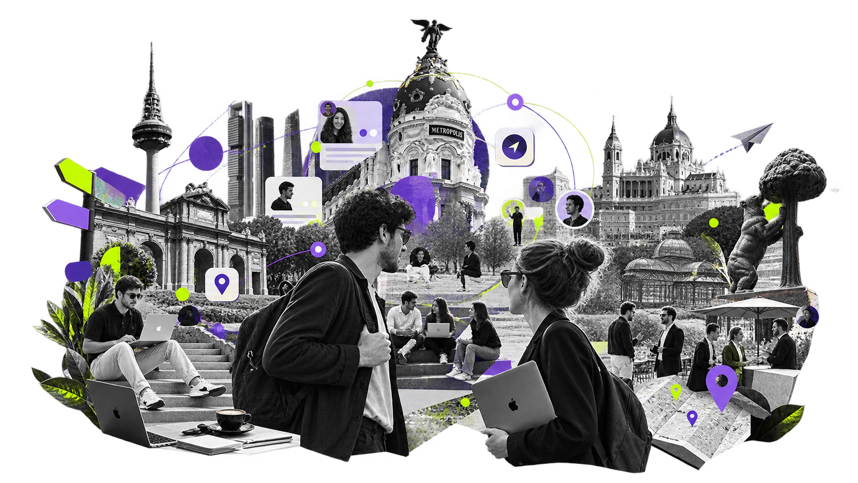 Collage del ecosistema startup de Madrid: founders, inversores y monumentos de la ciudad conectados en una red de inteligencia de startups.