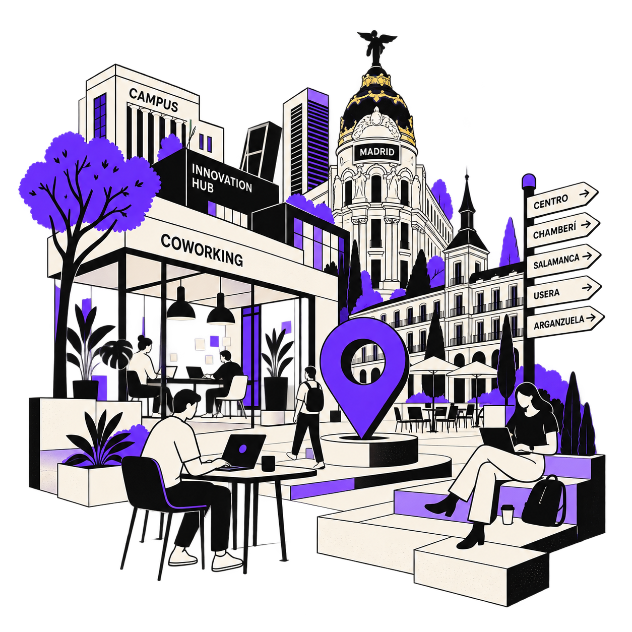 Mapa de coworkings, hubs y viveros de empresas en Madrid por distrito: Centro, Chamberí, Salamanca, Usera y Arganzuela