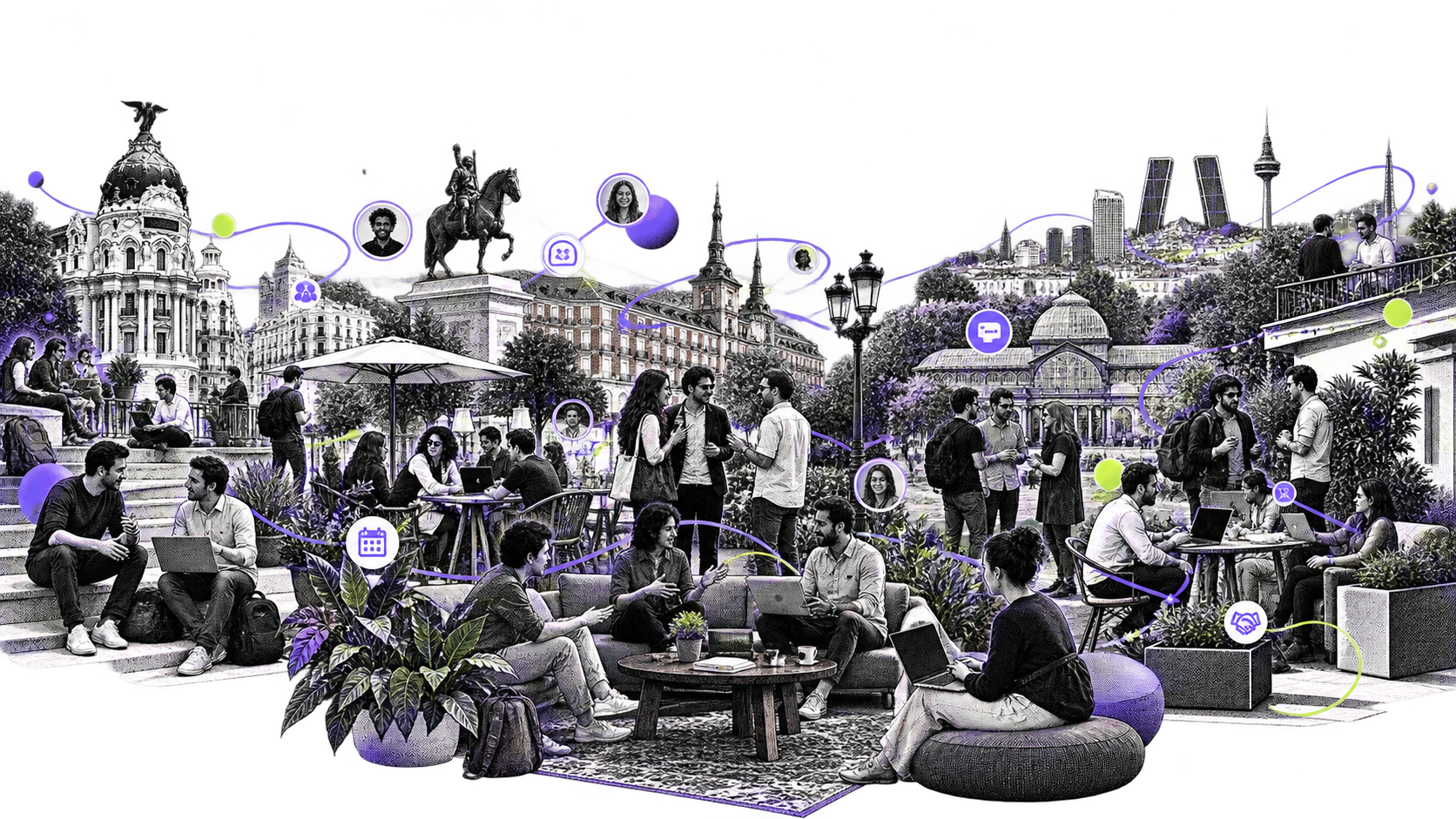 Ilustración de la comunidad Where2 de AI Founders Madrid: founders compartiendo oportunidades, financiación y espacios de trabajo en Madrid