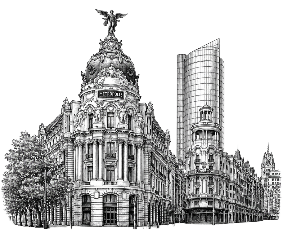 Ilustración a línea del edificio Metrópolis y la Gran Vía de Madrid